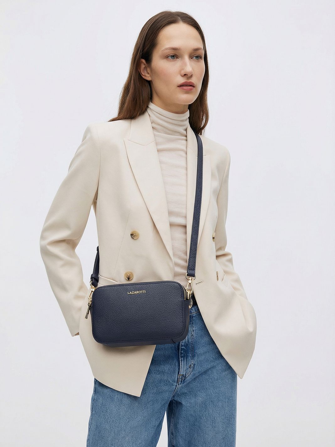 Lazarotti Bologna lädercrossbody-väska, kameraväska i läder med dubbla dragkedjor, 18 cm Lazarotti Bologna lädercrossbody-väska, kameraväska i läder med dubbla dragkedjor, 18 cm