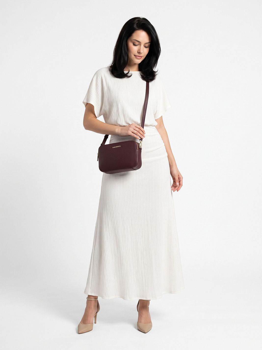 Lazarotti Bologna lädercrossbody-väska, kameraväska i läder med dubbla dragkedjor, 18 cm