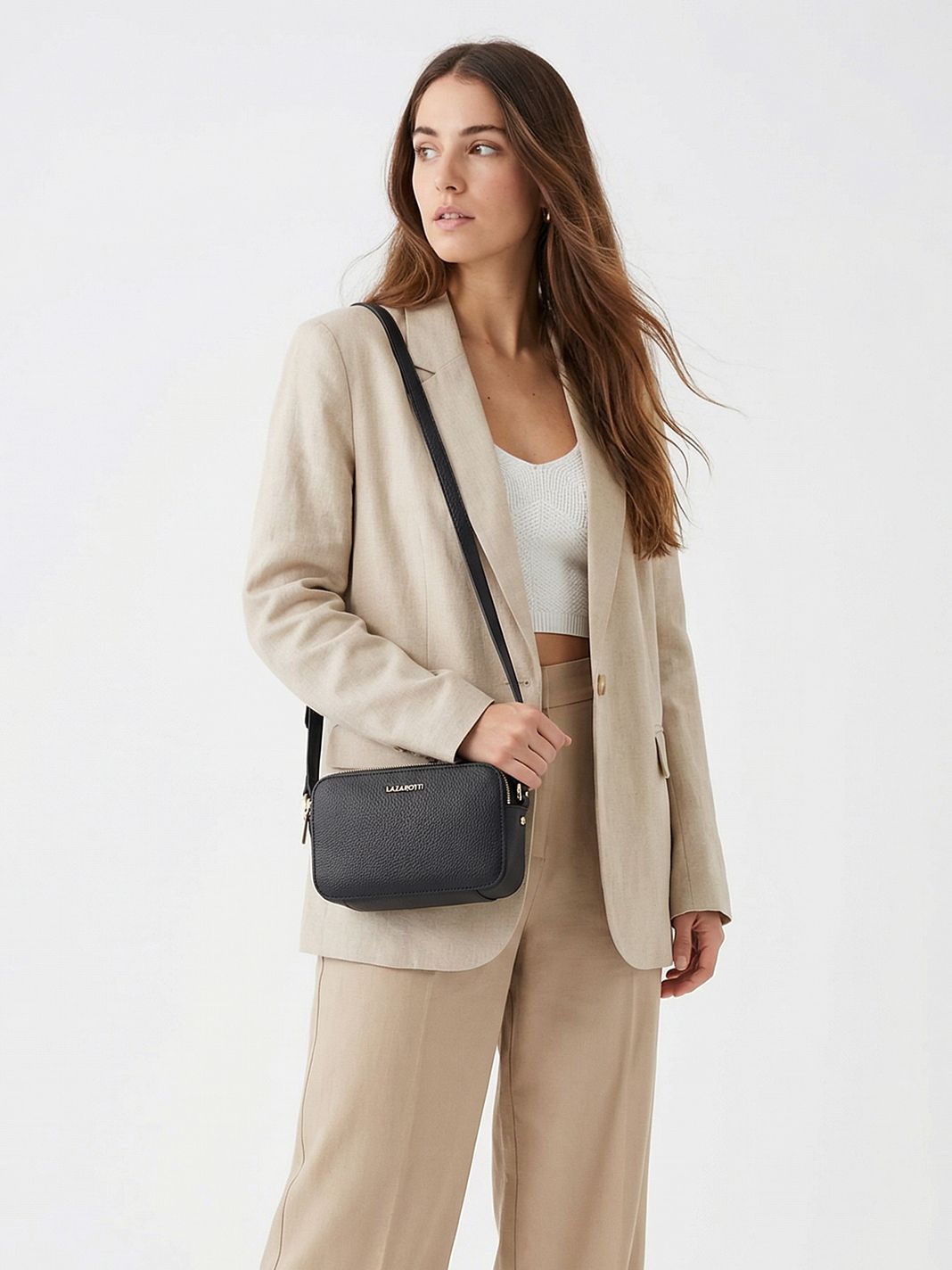 Lazarotti Bologna lädercrossbody-väska, kameraväska i läder med dubbla dragkedjor, 18 cm