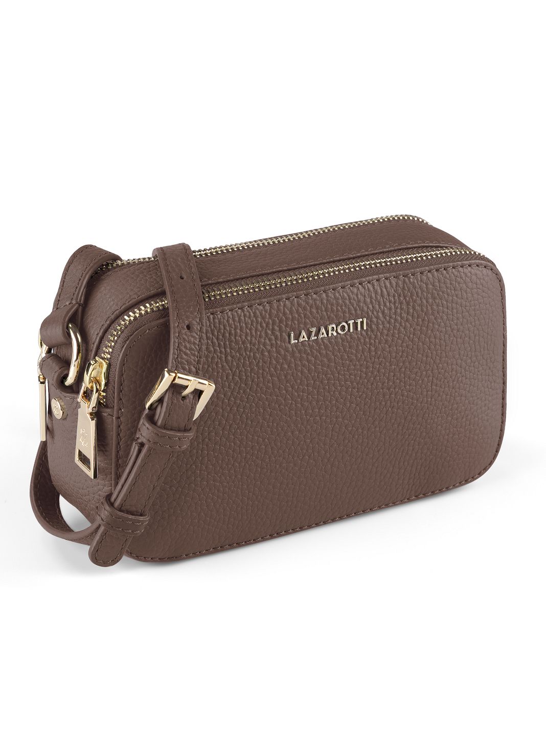 Lazarotti Bologna lädercrossbody-väska, kameraväska i läder med dubbla dragkedjor, 18 cm