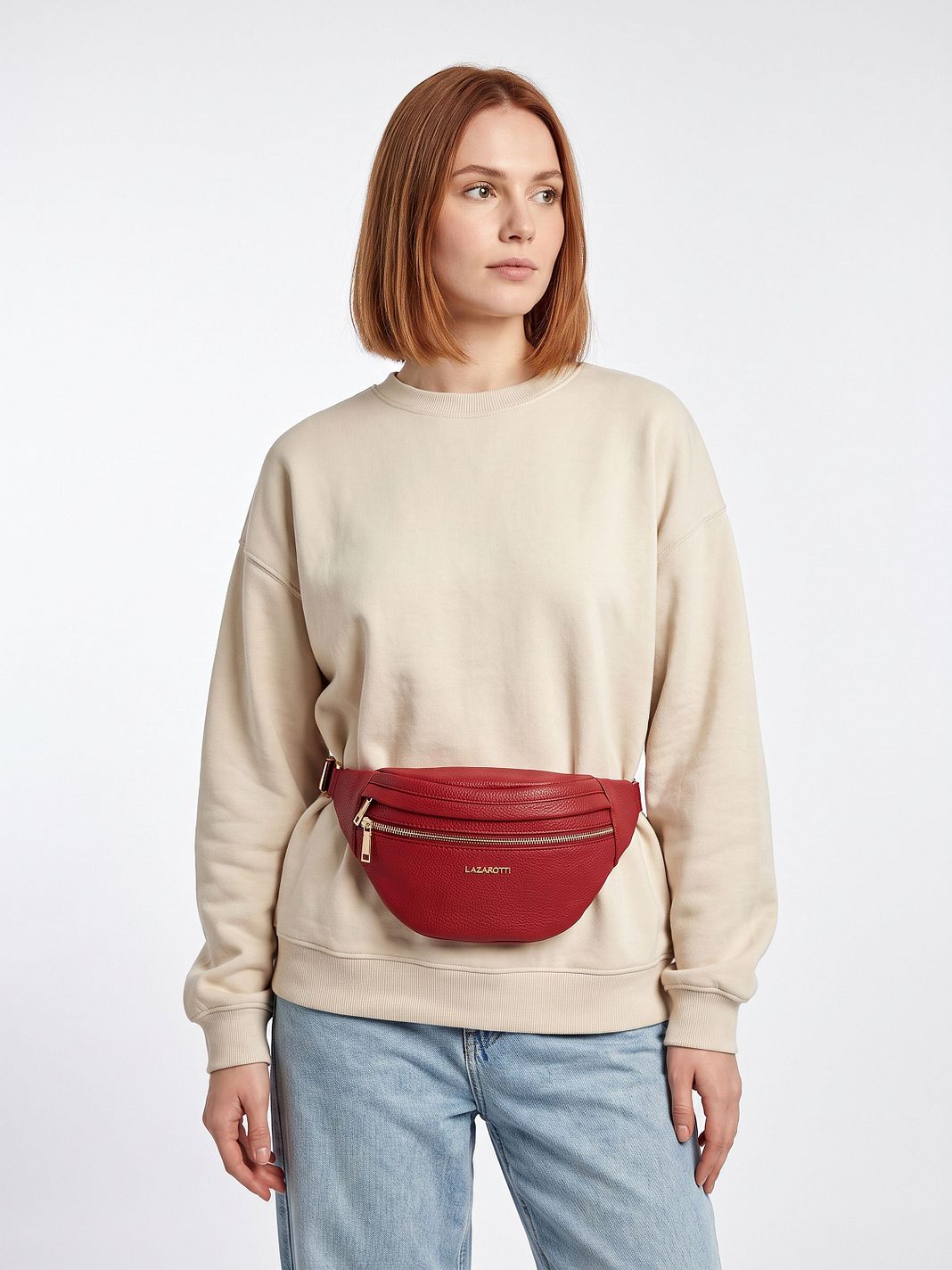 Lazarotti Bologna læder bæltetaske med dobbelt lynlås, crossbody-taske i læder, 25 cm Lazarotti Bologna læder bæltetaske med dobbelt lynlås, crossbody-taske i læder, 25 cm