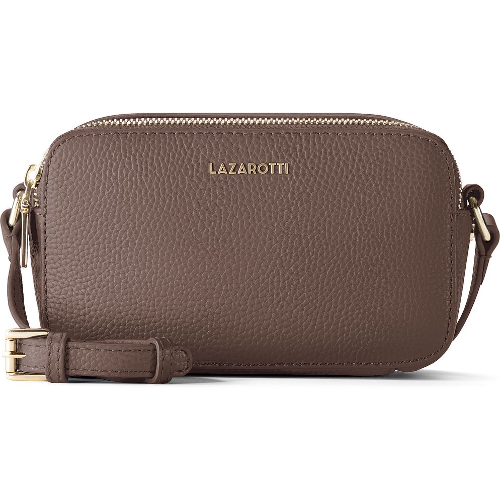 Lazarotti Bologna lädercrossbody-väska, kameraväska i läder med dubbla dragkedjor, 18 cm