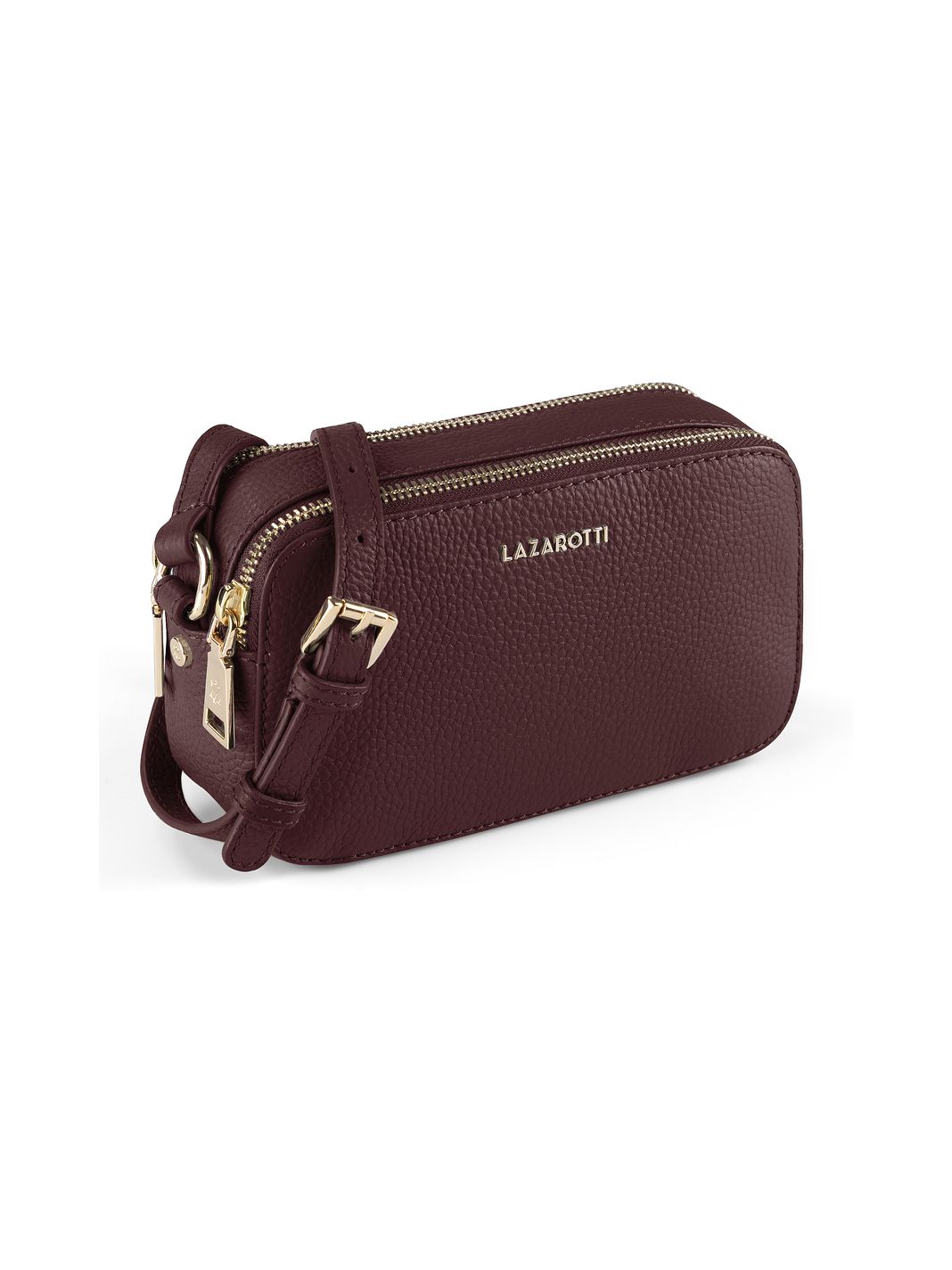 Lazarotti Bologna lädercrossbody-väska, kameraväska i läder med dubbla dragkedjor, 18 cm