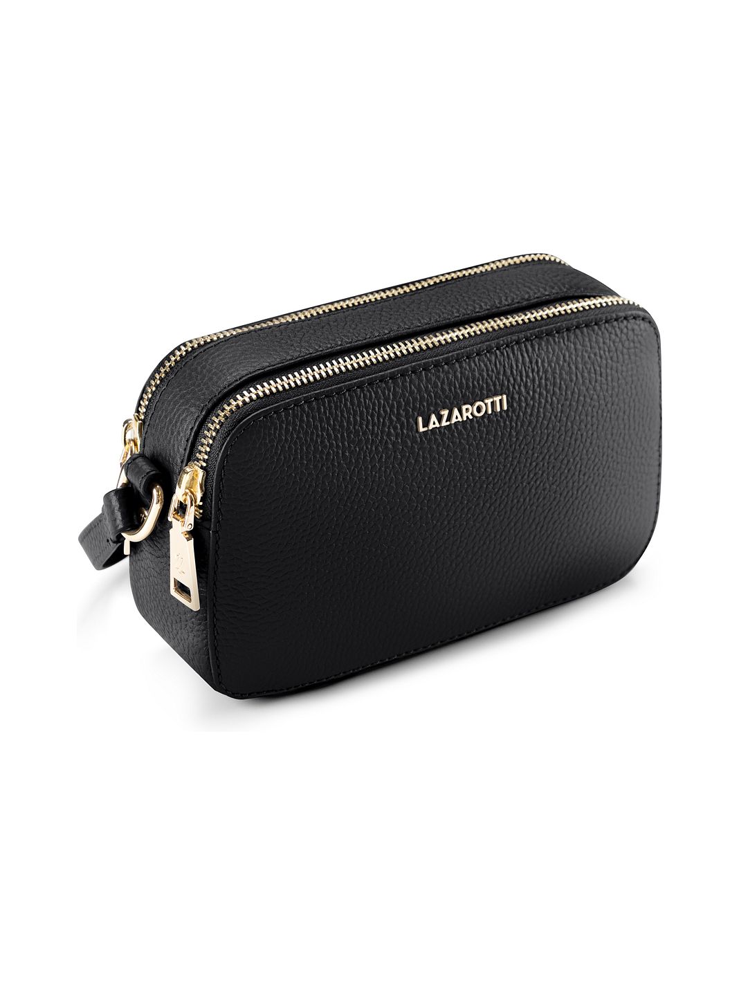 Lazarotti Bologna lädercrossbody-väska, kameraväska i läder med dubbla dragkedjor, 18 cm