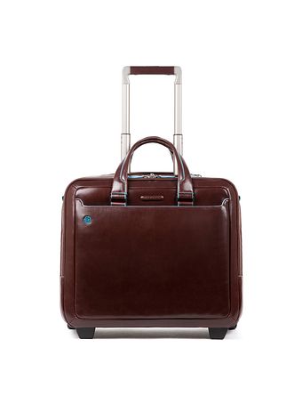 Piquadro Modrý čtvercový dvoukolový kožený obchodní vozík s přihrádkou na notebook 37 cm