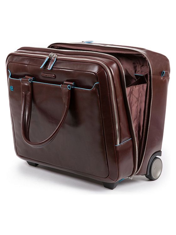 Piquadro Modrý čtvercový dvoukolový kožený obchodní vozík s přihrádkou na notebook 37 cm