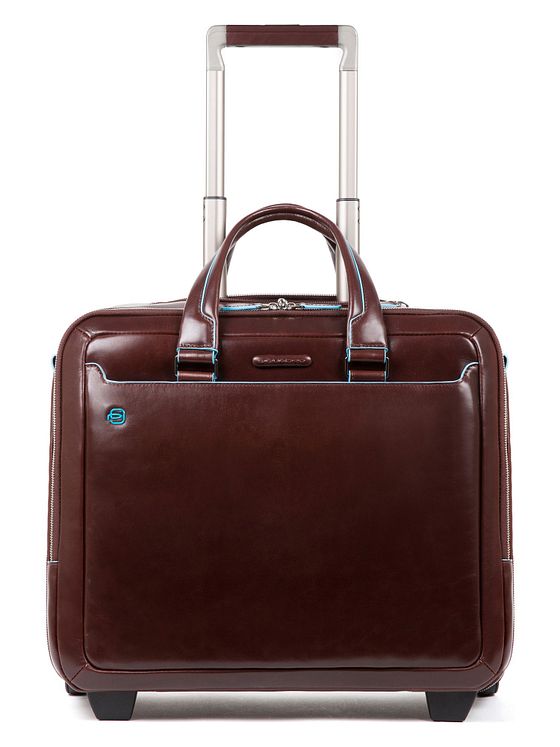 Piquadro Modrý čtvercový dvoukolový kožený obchodní vozík s přihrádkou na notebook 37 cm