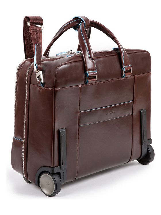 Piquadro Modrý čtvercový dvoukolový kožený obchodní vozík s přihrádkou na notebook 37 cm